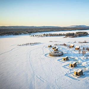 Arctic Bath Spa Hotel and cabins in the snowcapped landscape, Harads, Lapland, Sweden