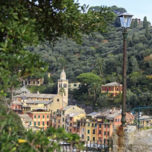 Overview of the old town and Church of San Martino, Portofino, province of Genoa, Liguria