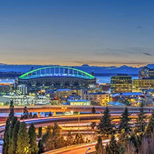 Panoramic view over Downtown skyline with Interstate 5 at twilight, Seattle, Washington, USA