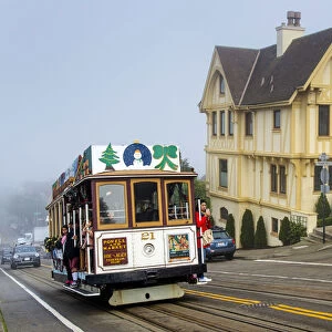 Powell and Market line Cable Car in a foggy day, San Francisco, California, USA