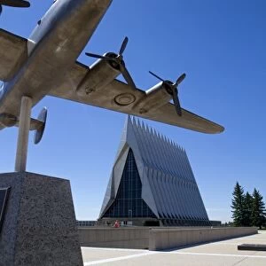 Bronze sculpure of vintage WW11 aircraft in front of the Cadet Chapel at the Air