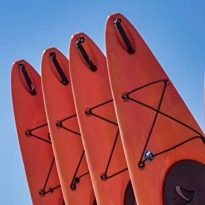 Stacked red kayaks on a beach, Florida, USA