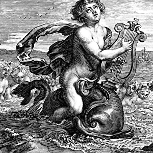 ARION (fl. c700-625 B. C. ). Greek musician and poet. Arion saved by a dolphin. Detail from an 18th century French copper engraving