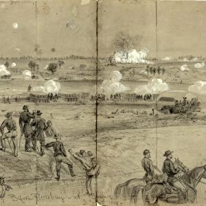ASSAULT ON PETERSBURG. The explosion of the tunnel dug by the 48th Pennsylvania Regiment under the Confederate lines before Petersburg, Virginia, during the American Civil War, 30 July 1864. Sketch by Alfred R. Waud
