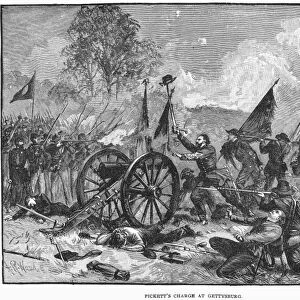 CIVIL WAR: GETTYSBURG. Confederate troops of Major General George E. Picketts command making their famous charge on 3 July 1863 at Gettysburg against Union positions on Cemetery Ridge. Wood engraving after a drawing by A. R. Waud