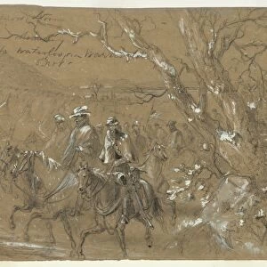 CIVIL WAR: WARRENTON, 1862. General Pleasanton and cavalry riding through a snowstorm in Virginia