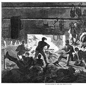 CIVIL WAR: WINTER QUARTERS. Interior of a winter hut at a Union Army camp. Wood engraving