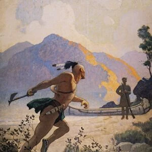 COOPER: DEERSLAYER, 1925. The Native American with his tomahawk charges Deerslayer [Natty Bumppo]