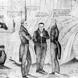 The Doctors Puzzled or the Desperate Case of Mother U. S. Bank. American cartoon, 1833, depicting the Bank of the United States as disgorging federal funds into smaller banks while President Andrew Jackson peeks through the window and Henry Clay, Daniel Webster, and John Calhoun consult on the sad case