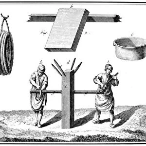 The drying of the dyed silk after having been washed in the Seine. Copper engraving, French, 18th century