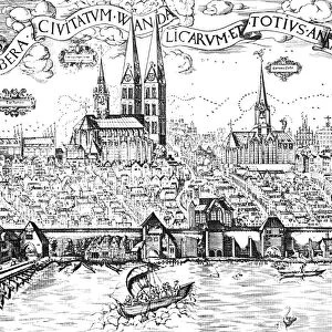GERMANY: L├£BECK. A view of L├╝beck, Germany, and its harbor. Detail of a 16th century engraving