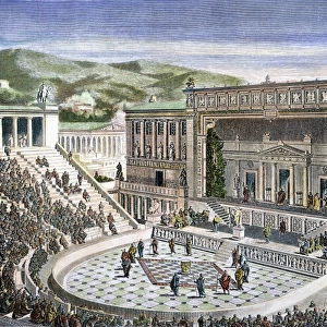 GREEK THEATRE. A reconstruction of the Theatre of Dionysus in Athens. To the left, above the spectators seats, part of the enclosing colonnade; in the foreground, the orchestra with the thymele (altar of Dionysus), then the proscenium, and beyond it the stage with its buildings. Color engraving, late 19th century
