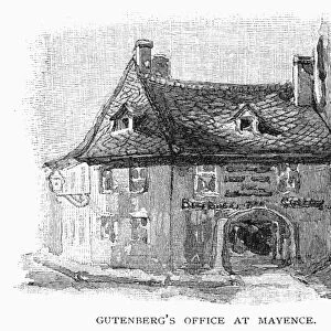 GUTENBERG: OFFICE. Johann Gutenbergs printing office at Mainz, Germany. Line engraving, 19th century