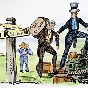 A Hard Road to Hoe! or, The White House Turnpike, Macadamized by the North Benders: American cartoon from the presidential campaign of 1840 with former president Jackson showing President Martin Van Buren the way to the White House, along a path strewn with hard cider barrels and log cabins of his opponent, W. H. Harrison