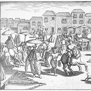 INDIA: GOA MARKET, 1599. The market at Goa, the Portuguese colony on the Malabar coast of India. Engraving from Hugo Lischotanus Navigatio in Orientem, Frankfurt, Germany, 1599