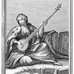 LONG LUTE, 1723. The long lute, a string instrument used in Turkish, Persian, Arabian, and Indian music. Copper engraving, 1723, by Arnold van Westerhout