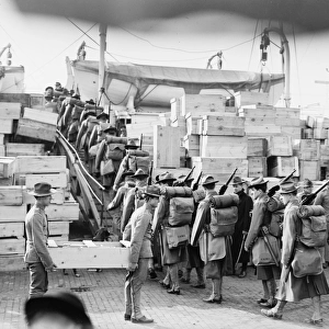 MARINES DEPARTING, 1913. U. S. Marines embarking for Guantanamo, Cuba, on the U