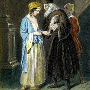MERCHANT OF VENICE. Shylock entrusting Jessica with his keys: engraving from a 19th century English edition of Shakespeares Merchant of Venice (Act II, Scene 5)