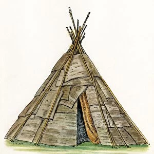 NATIVE AMERICAN WIGWAM. The conical wigwam of the Ojibwa Native Americans, consisting