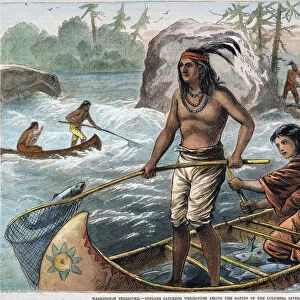 NATIVE AMERICANS / FISHING. Native Americans of the Pacific Northwest catching whitefish in the rapids of the Columbia River, Washington Territory. Wood engraving, 1871
