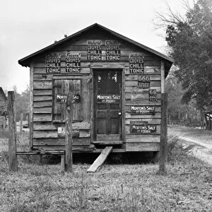 OLD BARN, 1938. Old barn with advertisements for malarial remedies and salt, near Summerville