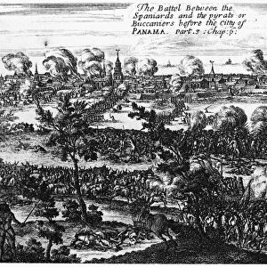 PANAMA CITY RAID, 1671. The Battle Between the Spaniards and the pyrats or Buccaniers before the City of Panama. The taking of Panama City in January 1671 by Henry Morgan and his buccaneers. Copper engraving
