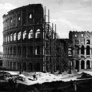 ROME: COLOSSEUM, c1864. Scaffolding on the Colosseum in Rome, Italy. Line engraving, c1864