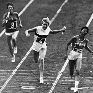 SUMMER OLYMPICS, 1960. Wilma Rudolph (second from right) wins the 400 meter relay race for the United States, at the 1960 Summer Olympics in Rome, Italy