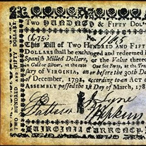 Virginia two hundred and fifty dollar banknote, 1781. The rate of One for Forty indicates the high inflation resulting from the American Revolutionary War