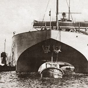WORLD WAR I: SUBMARINES. The German ship Vulcan launching submarines in the Kiel Canal