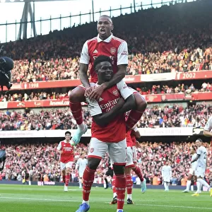 Saka Scores Again: Bukayo Celebrates with Gabriel vs. Liverpool in the 2022-23 Premier League