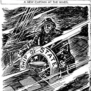 Cartoon depicting US president Franklin Roosevelt steering the ship of state