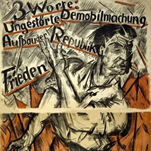 German political poster, 1919. Man with red sash standing against background of red