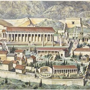 Greece, Delphi, reconstruction of Temple of Apollo, illustration