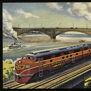 Gulf Mobile & Ohio Streamliner. ca. 1948, Near Saint Louis, Missouri, USA, One of the GULF, MOBILE & OHIOs fleet of Chicago-St. Louis streamliners along the banks of the Mississippi near St. Louis. GM&O has the short, double-tracked route between these two cities with six diesel-powered, air-conditioned trains daily in each direction