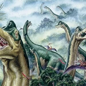 Illustration representing group of Ultrasauros in Jurassic landscape