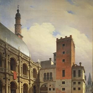 Market in Piazza delle Erbe in Vicenza, with Palladios Basilica on right, by Carlo Gilio, 1840, Oil on canvas