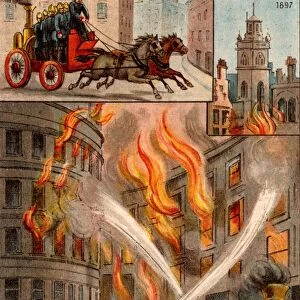 Men of the Metropolitan Fire Brigade fighting outbreak of fire in the City of London