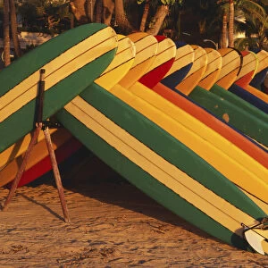 Multicoloured surfboards for hire on Waikiki Beach