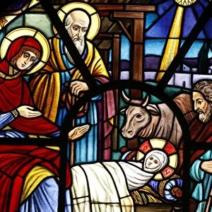 Stained glass window depicting the Nativity