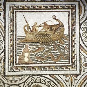 Tunisia, Thuburbo Majus, Mosaic work depicting a fishing scene