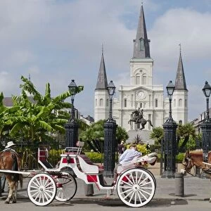 USA, Louisiana, New Orleans, horses and carriages outside St Louis Cathedral at Jackson Square