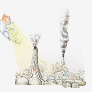 Illustration of smokers (sea vents, hydrothermal vents) on the ocean floor in volcanically active areas of mid-ocean ridges