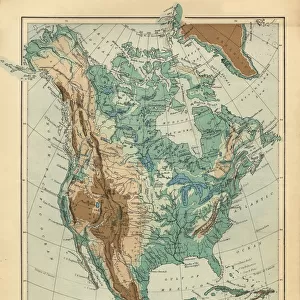 North America Physical Map, Engraving, 1892