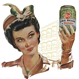 1940s Housewife Holding a Jar of Canned Lima Beans, 1942 (screen print)