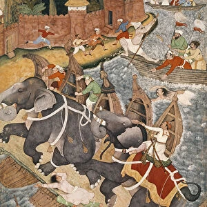 Akbar Tames the Savage Elephant, Hawa i, Outside the Red Fort at Agra, miniature
