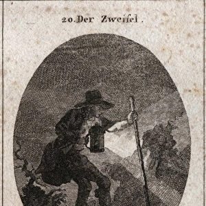 Allegory of doubt represented by a young man walking through the darkness with a lantern