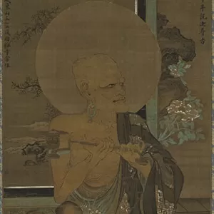 Arhat (Handaka Sonja - Panthaka) seated; a disciple with lotus blossoms at his right
