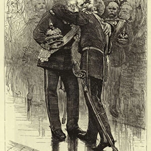 "Ave, Caesar, Imperator", the Crown Prince Frederick embracing his Father on the Proclamation of the Latter as German Emperor at Versailles, 18 January 1871 (engraving)