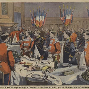 The band of the French Republican Guard attending a banquet hosted by the band of the Coldstream Guards in London (colour litho)